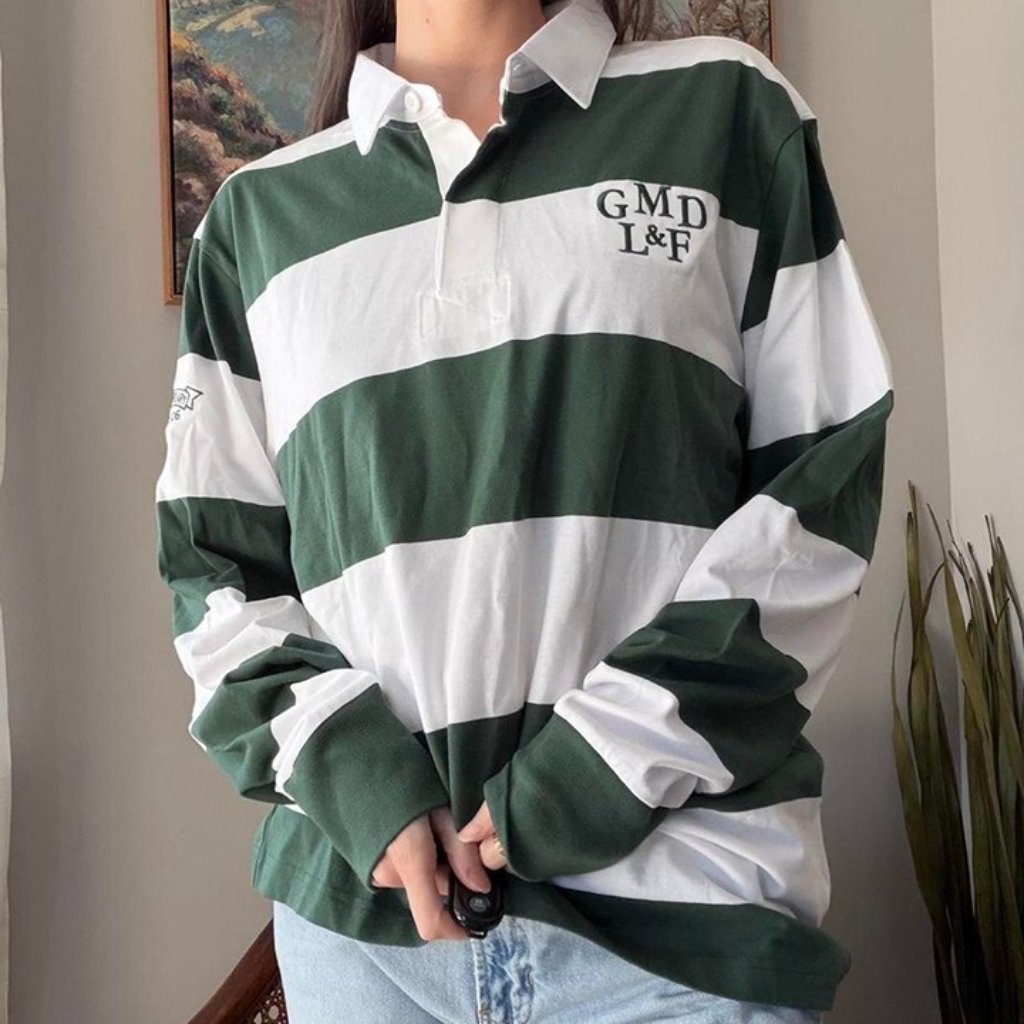 Green And White Rugby Style Branded Striped Shirt